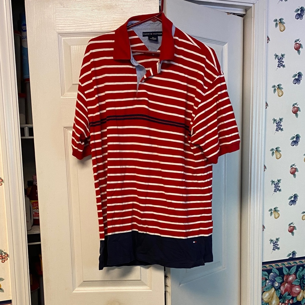 Tommy Hilfiger Red and White Striped Polo